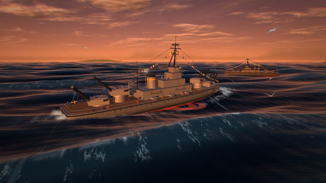 A destroyer firing its guns at an enemy warship in Iron Tide