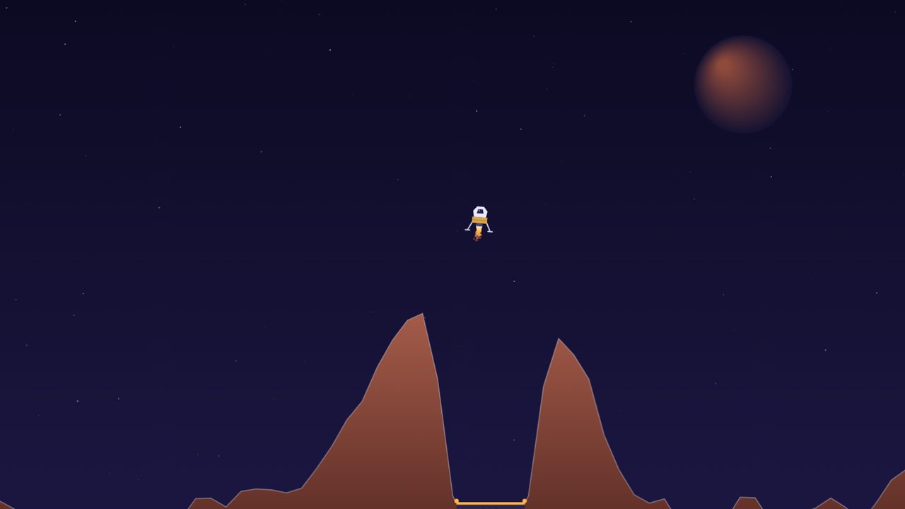 The landing pod descending toward a pad on a purple moon in Low-G Lander