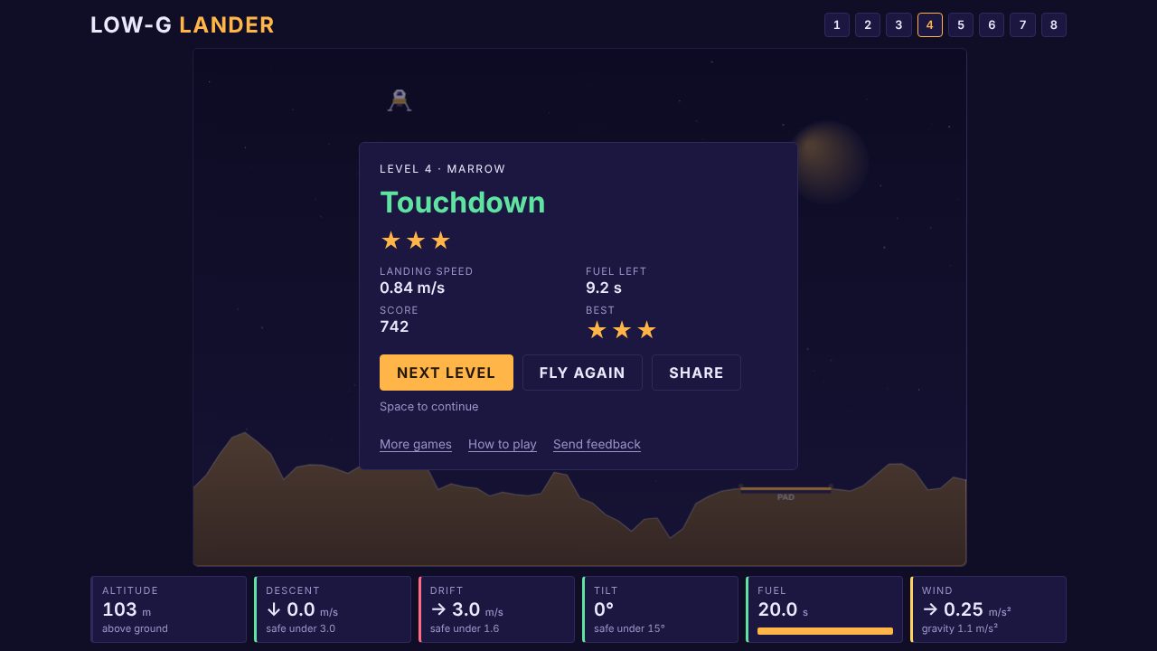 A successful touchdown with two stars in Low-G Lander